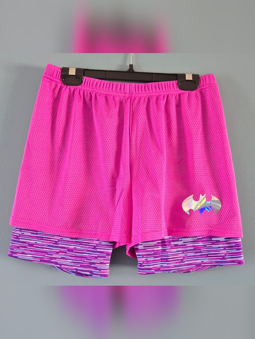 Girls Pink Athletic Layered Shorts with Holographic Batman Logo XL 14-16